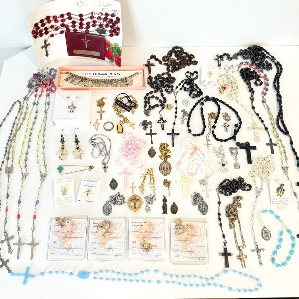Vintage Religous Jewelry Lot Sterling Gold Filled Cross Necklaces Rosaries Ring